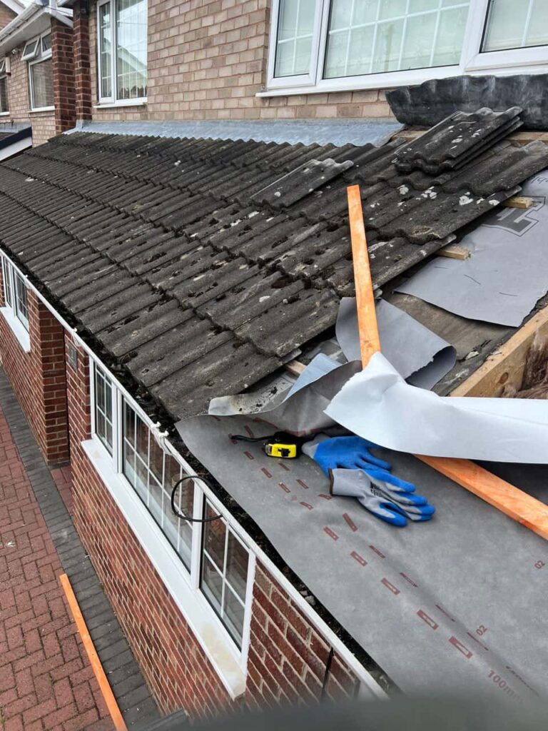 This is a photo of a pitched roof which is being repaired. The existing roof was leaking badly. Works carried out by Alfreton Roofing Repairs